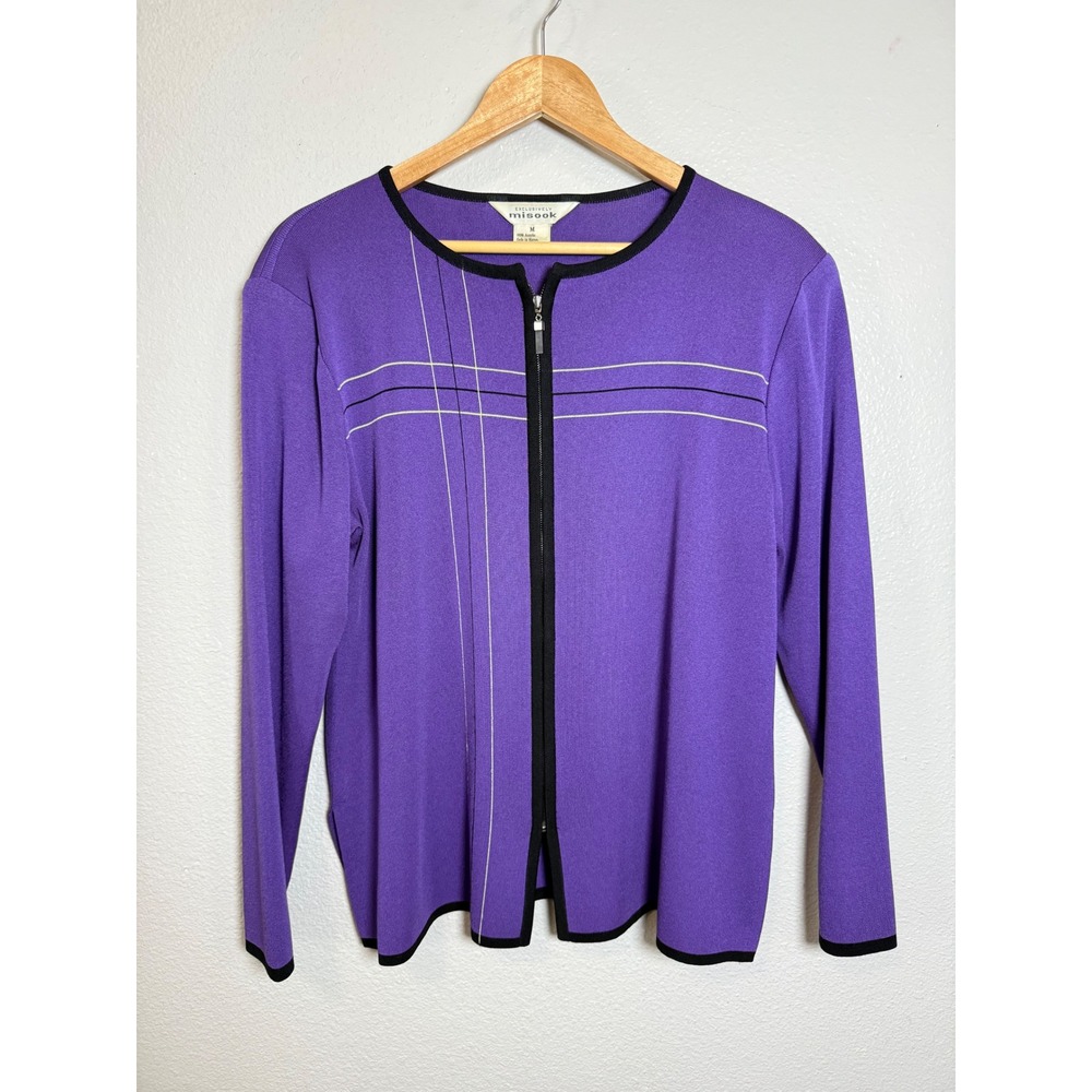 Exclusively Misook Purple Full‎ Zip Knit Cardigan Jacket Black Trim Pattern M